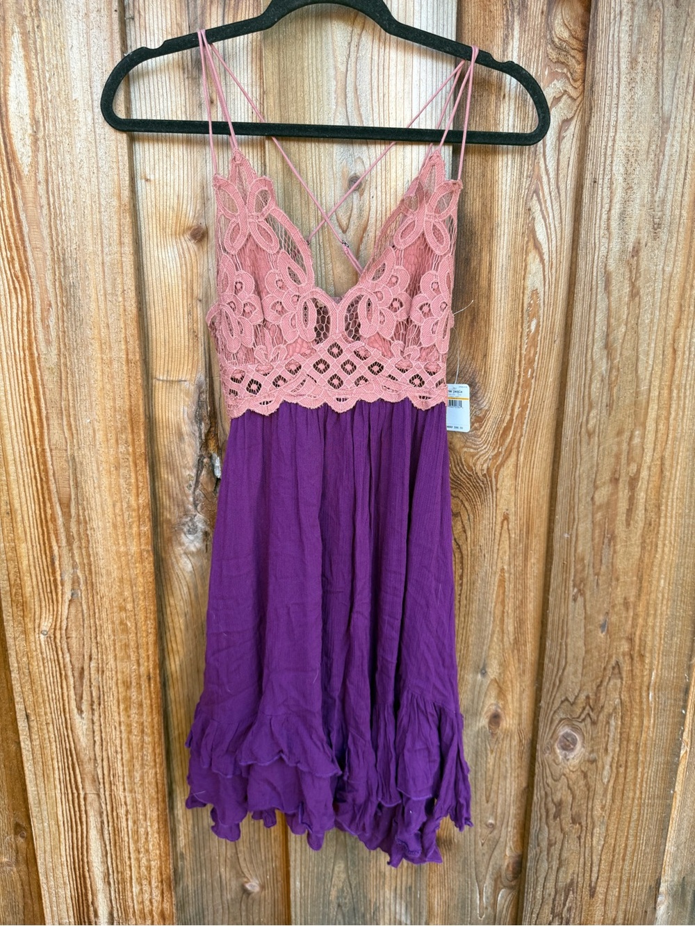 Free People Pink Crochet Bodice Purple Tiered Mini Dress
